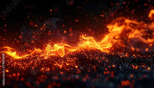 A dynamic wave of fire and glowing embers flows over a dark, ashen surface
