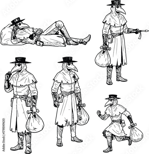 Collection of historical plague doctor characters in traditional protective gear performing various actions