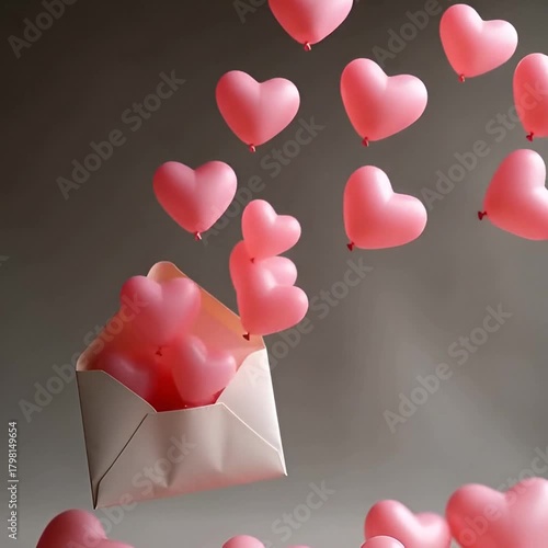 Pink Heart Balloons Floating from Open Envelope