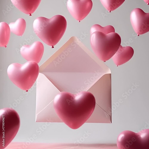 Pink Heart Balloons Floating from Open Envelope