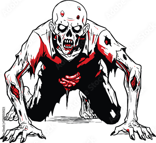 Crawling zombie creature with ripped clothing and exposed bones, suitable for horror themed designs or games