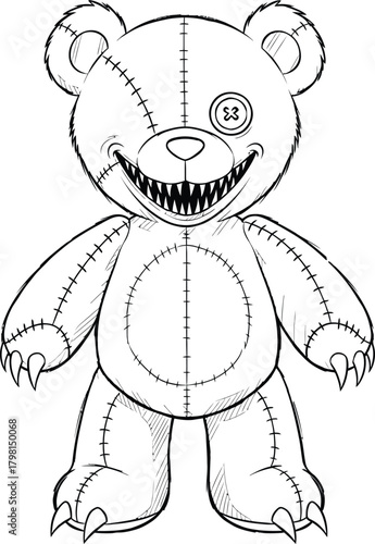 Creepy stitched teddy bear doll with sharp teeth and a button eye, depicted in line art