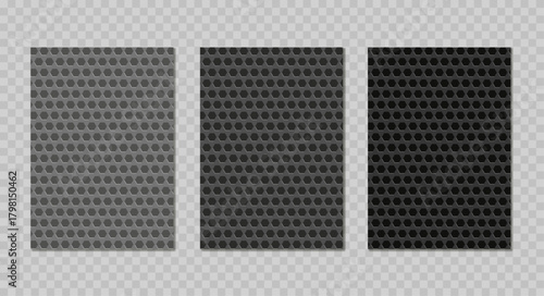 Black perforated metal background texture. Abstract dark metallic honeycomb cover with geometric hexagonal pattern.Vector illustration