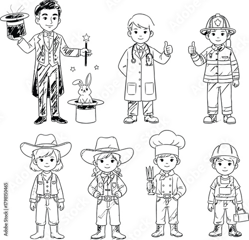 Diverse group of children dressed as professionals like a magician, doctor, firefighter, and chef
