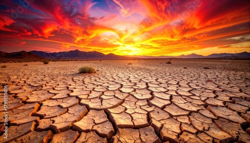 Fiery sunset over a cracked, arid desert landscape with mountains on the horizon