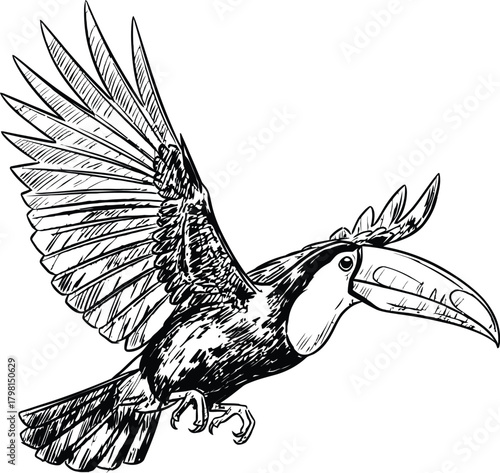 Elegant toucan bird with large beak gracefully flying through the air, depicted in detailed sketch style