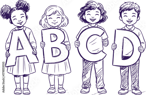 Four cheerful children stand together holding large alphabetical letters A, B, C, and D