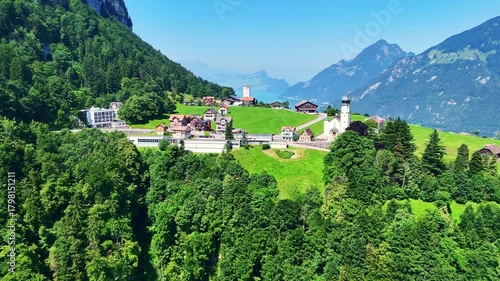 Drone Switzerland 4k. Swiss Alps in summer. Lake Lucerne in central Switzerland. tourism hiking and roadtrip destination.