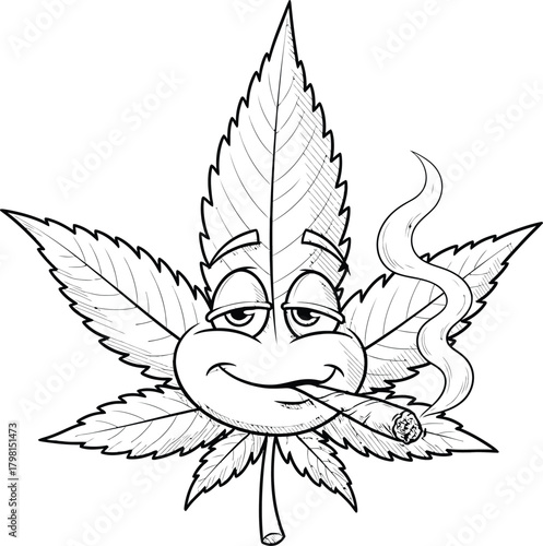Happy cannabis leaf cartoon character smoking a rolled joint with content expression, exhaling smoke