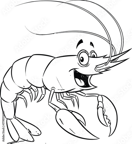Happy cartoon shrimp character smiling cheerfully with big eyes and prominent claws, presented in line art style