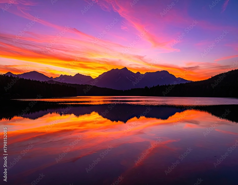 Obraz premium Vivid sunset reflects in tranquil lake before a mountain range