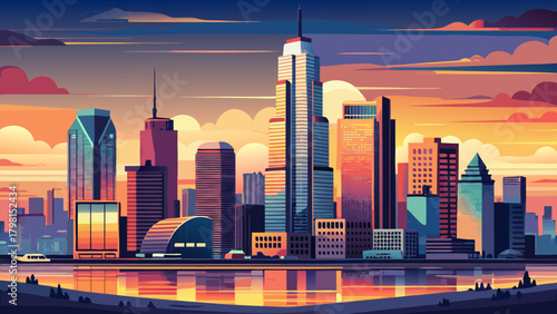 Very beautiful aerial panorama of Jersey City skyline at sunset, featuring glowing skyscrapers, reflective waterfront, and a warm, colorful sky creating a serene urban atmosphere.