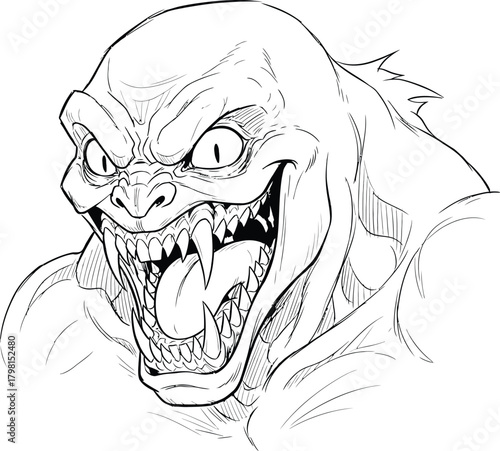 Line art monster head showing fangs with an aggressive snarling expression and sharp eyes