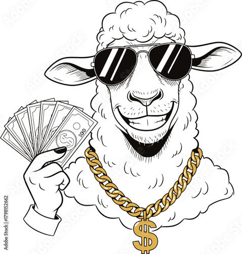 Luxurious sheep character with stylish sunglasses and gold dollar sign chain, holding a bundle of banknotes