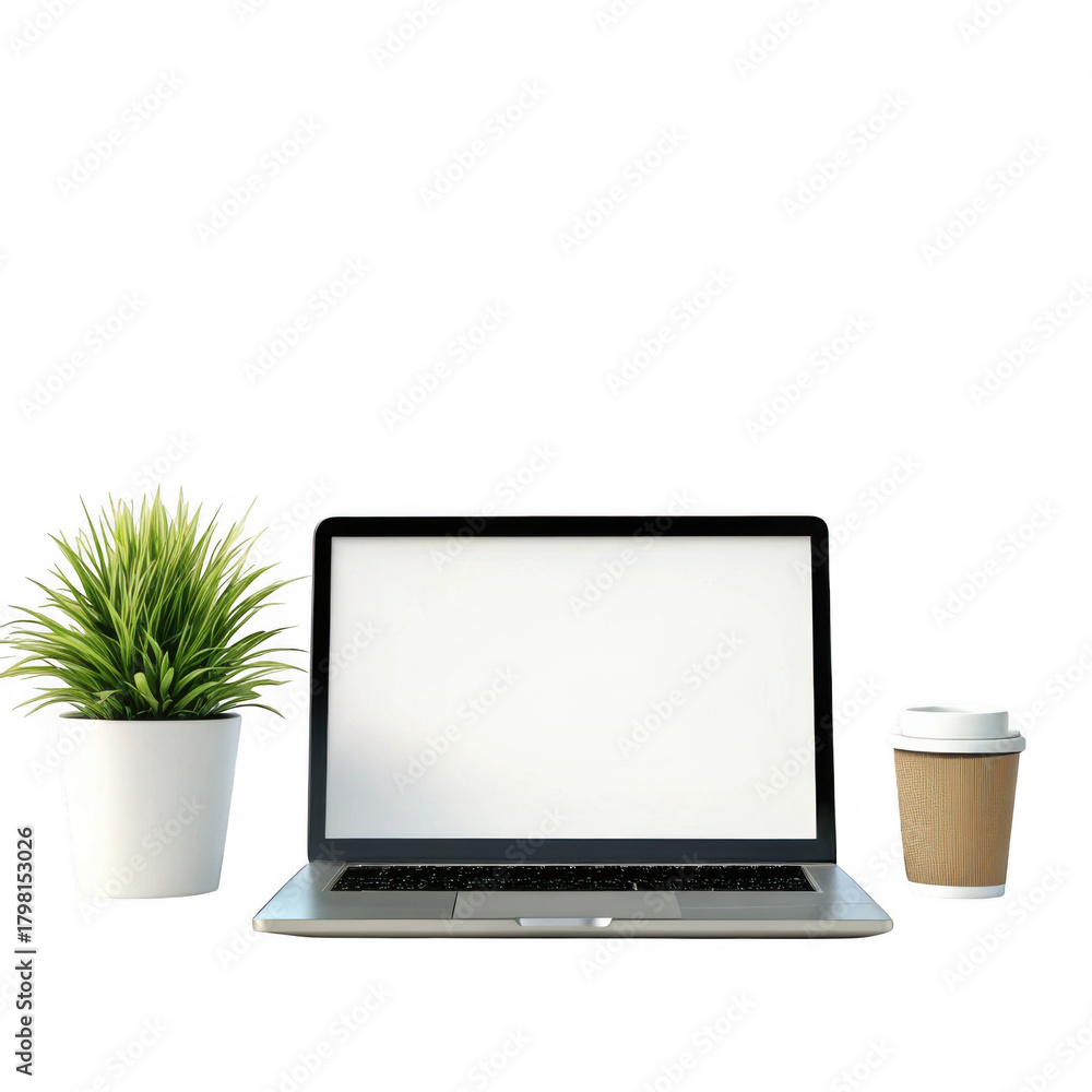Fototapeta premium 3d laptop plant and coffee cup setup isolated on transparent background
