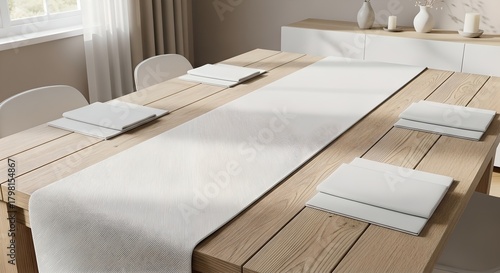 Blank white table runner mockup on modern wooden dining setup.