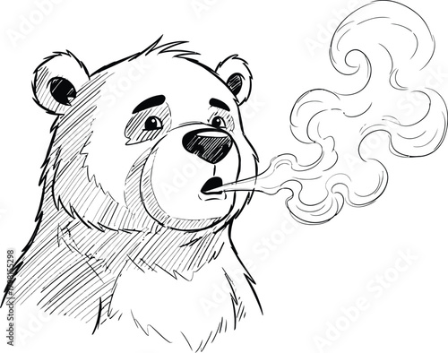 Sad cartoon bear character exhaling a stream of puffy smoke or steam in an upset mood