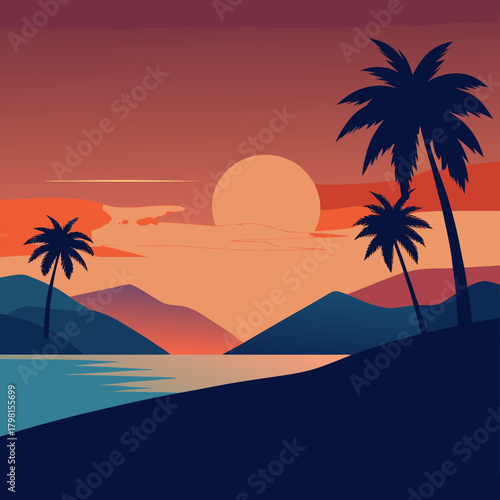 Vibrant sunset over tropical beach with silhouetted palm trees and mountains