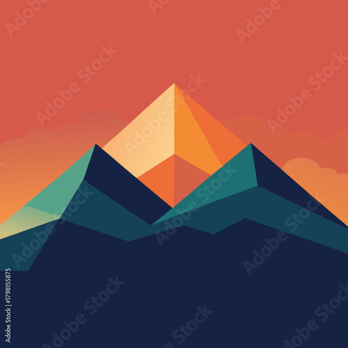 Geometric mountain landscape at sunset with warm hues and deep blue foreground