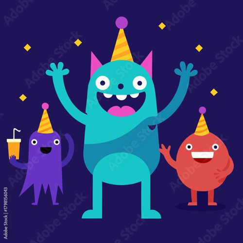 Three happy cartoon monsters celebrating a birthday party with party hats and confetti