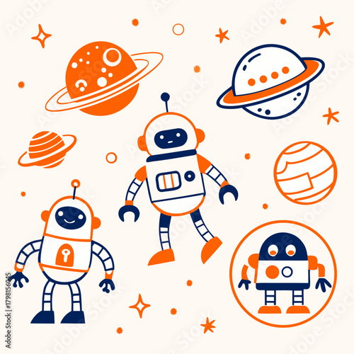 Cute cartoon robots and planets floating in outer space with stars and celestial bodies