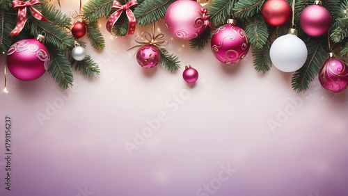 Pink Christmas ornaments on festive evergreen branches