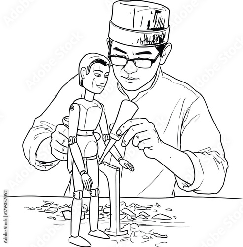 Skilled artisan carves a wooden puppet with tools on a workbench, surrounded by wood chips