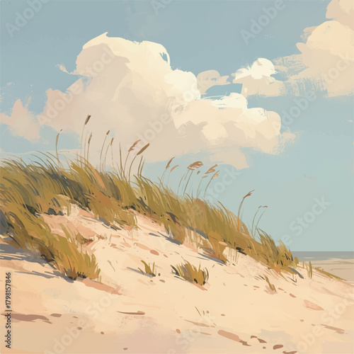 Serene coastal landscape illustration depicting a tranquil sandy beach dune under a vast, cloudy sky, with sparse natural grasses swaying gently, evoking a peaceful summer day by the sea