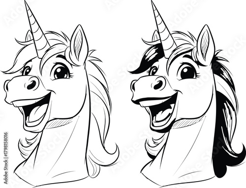 Smiling cartoon unicorn head illustrations, one featuring solid colored hair, perfect for childrens designs or merchandise