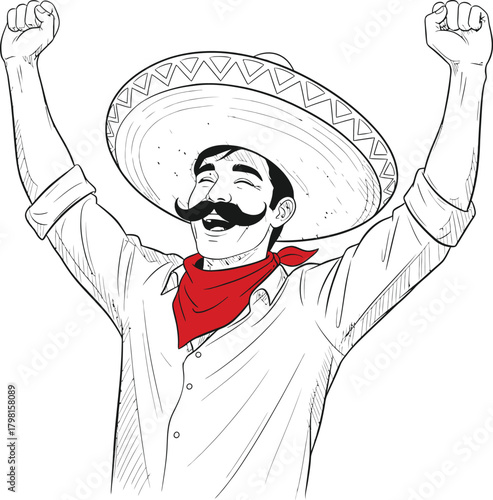 Smiling Mexican man wearing a sombrero hat and red bandana with arms raised in victory celebration