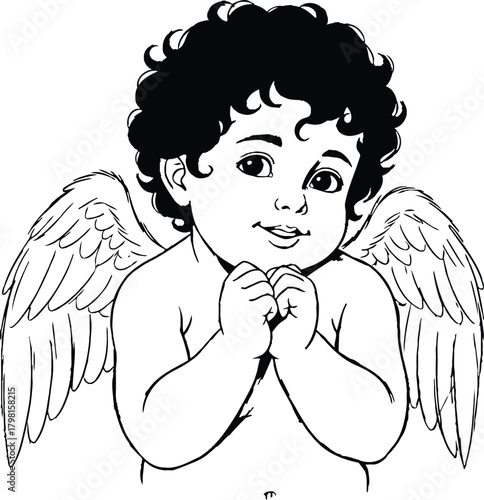 Sweet curly haired cherub with wings and clasped hands looking forward in a simple outline drawing