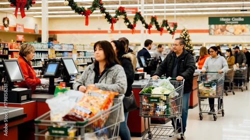 Shoppers waiting in line at a grocery store during Christmas season  
