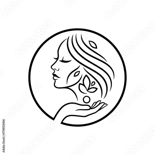 Minimalist line art of woman’s face with leaves in a circular frame  