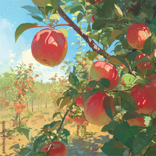 Vibrant red apples ripening on a sun-drenched tree branch in a beautiful orchard, evoking the warmth of a late summer harvest