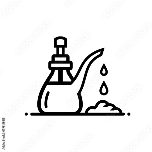 Oil dispenser with drops and spilled powder on white background  