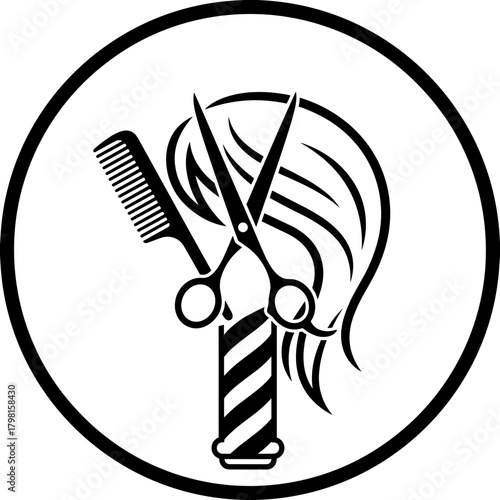 Hair salon logo with scissors, comb, and hairstyle in black  