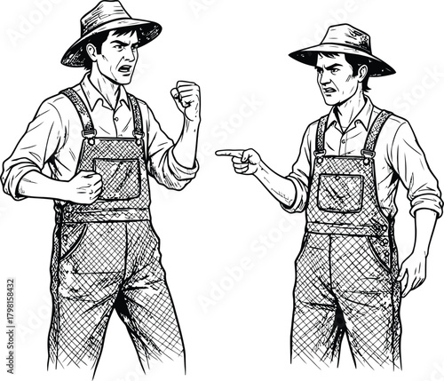 Two disgruntled farmers in hats and overalls engaged in a heated argument with aggressive gestures