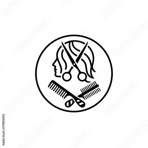 Hair salon logo with scissors, combs, and a stylized head  