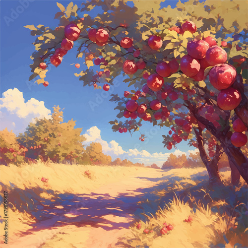 A sun-drenched country lane winds through a field of golden grass, bordered by trees laden with ripe red apples under a clear blue sky