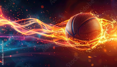 A flaming basketball soars through vibrant, sparkling, colorful light streaks