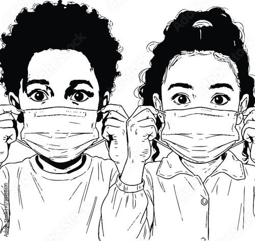 Young boy and girl holding medical face masks to their faces for protection and health safety