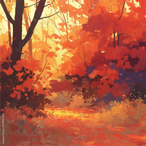 Autumn forest path bathed in warm golden sunlight, with vibrant red and orange leaves scattered on the ground