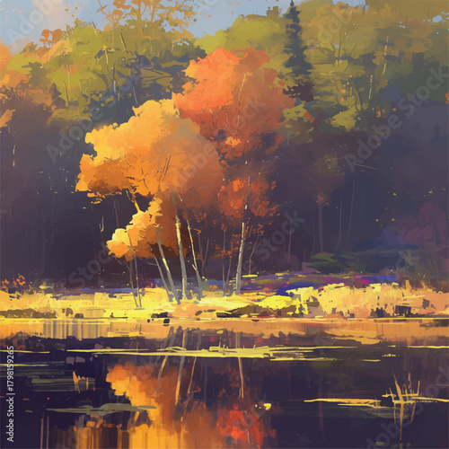 An impressionistic painting capturing the vibrant golden foliage of autumn trees reflecting in the calm waters of a forest lake