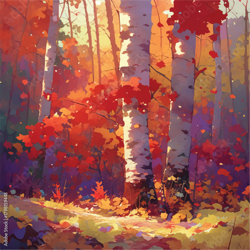 Enchanting autumn forest bathed in warm, golden sunlight, with vibrant red and orange leaves creating a breathtaking natural spectacle