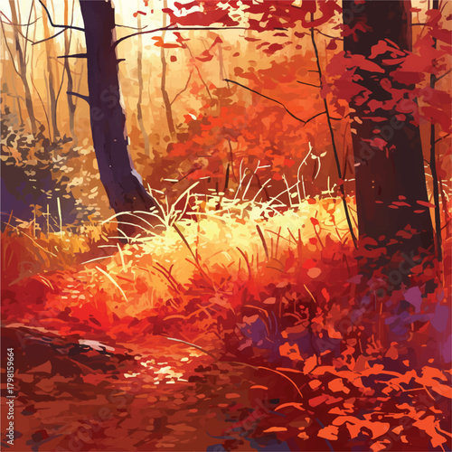 Autumnal Forest Path Bathed in Warm Sunlight with Vibrant Red and Yellow Foliage