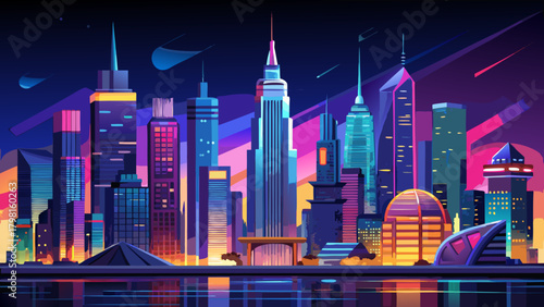 Very beautiful panoramic night view of Manhattan, New York, USA, showcasing illuminated skyscrapers, glowing streets, and the iconic city skyline reflecting the vibrant energy of the metropolis.