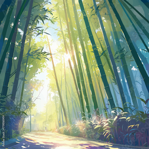 Golden sunlight filtering through a towering bamboo forest, illuminating a serene winding path, creating a tranquil and ethereal natural landscape perfect for quiet contemplation