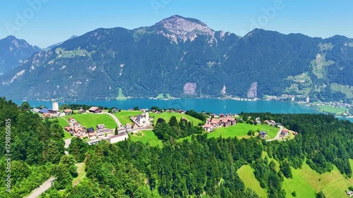 Drone Switzerland 4k. Swiss Alps in summer. Lake Lucerne in central Switzerland. tourism hiking and roadtrip destination.