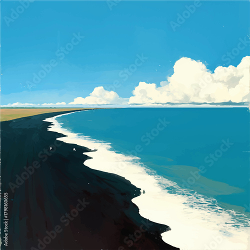 Black Sand Beach Serenity Azure Waves Meet Volcanic Shores Under a Sunny Sky