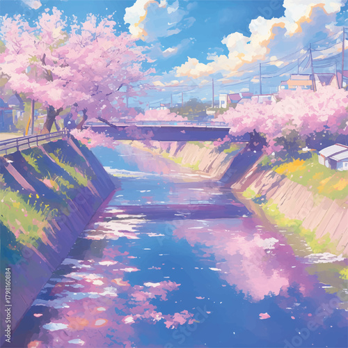 A breathtaking spring panorama unfolds, showcasing a serene canal adorned with vibrant cherry blossom trees under a clear sky, reflecting nature's tranquil beauty and idyllic seasonal charm
